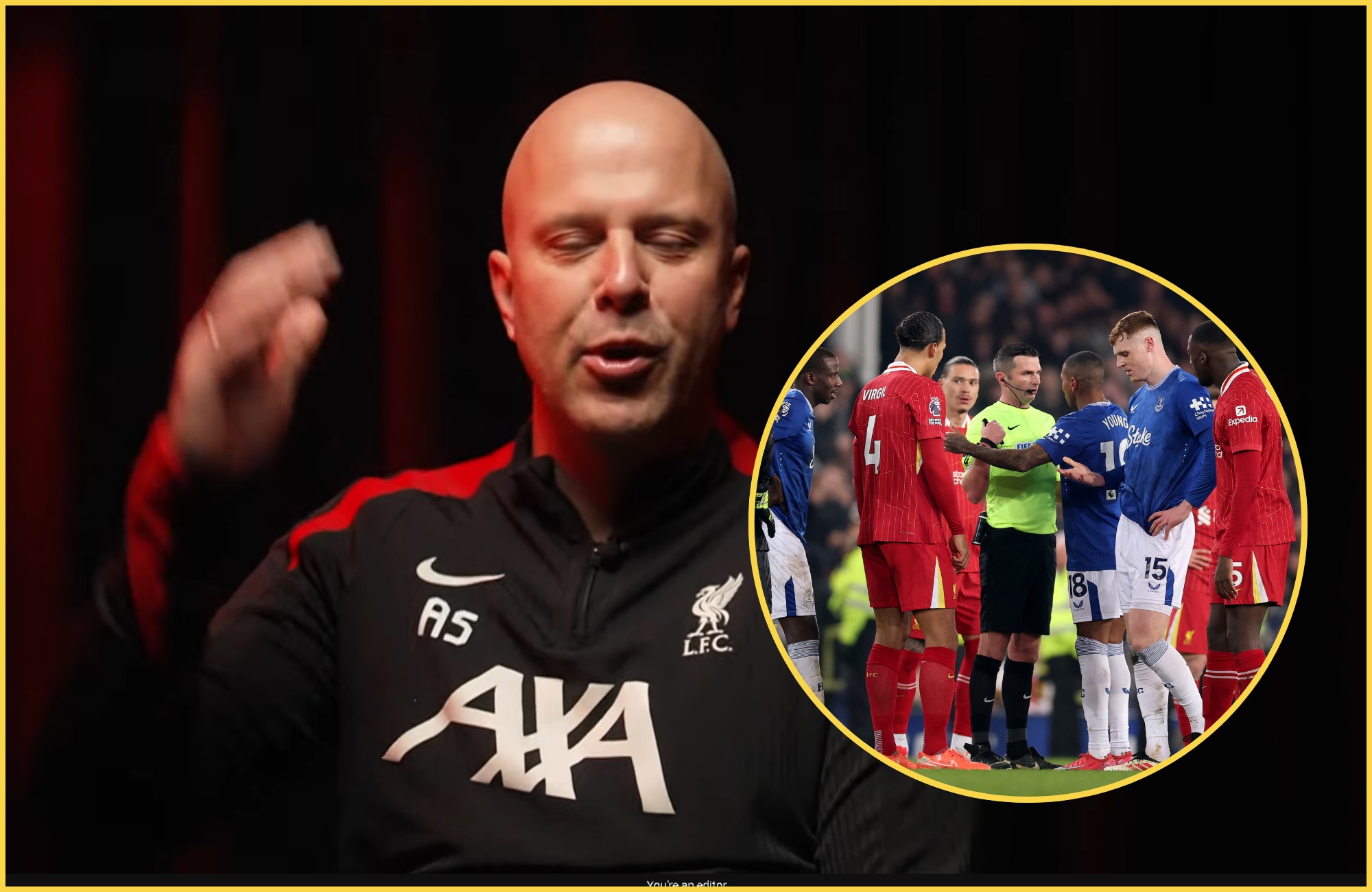Liverpool head coach Arne Slot gestures next to picture of Michael Oliver.