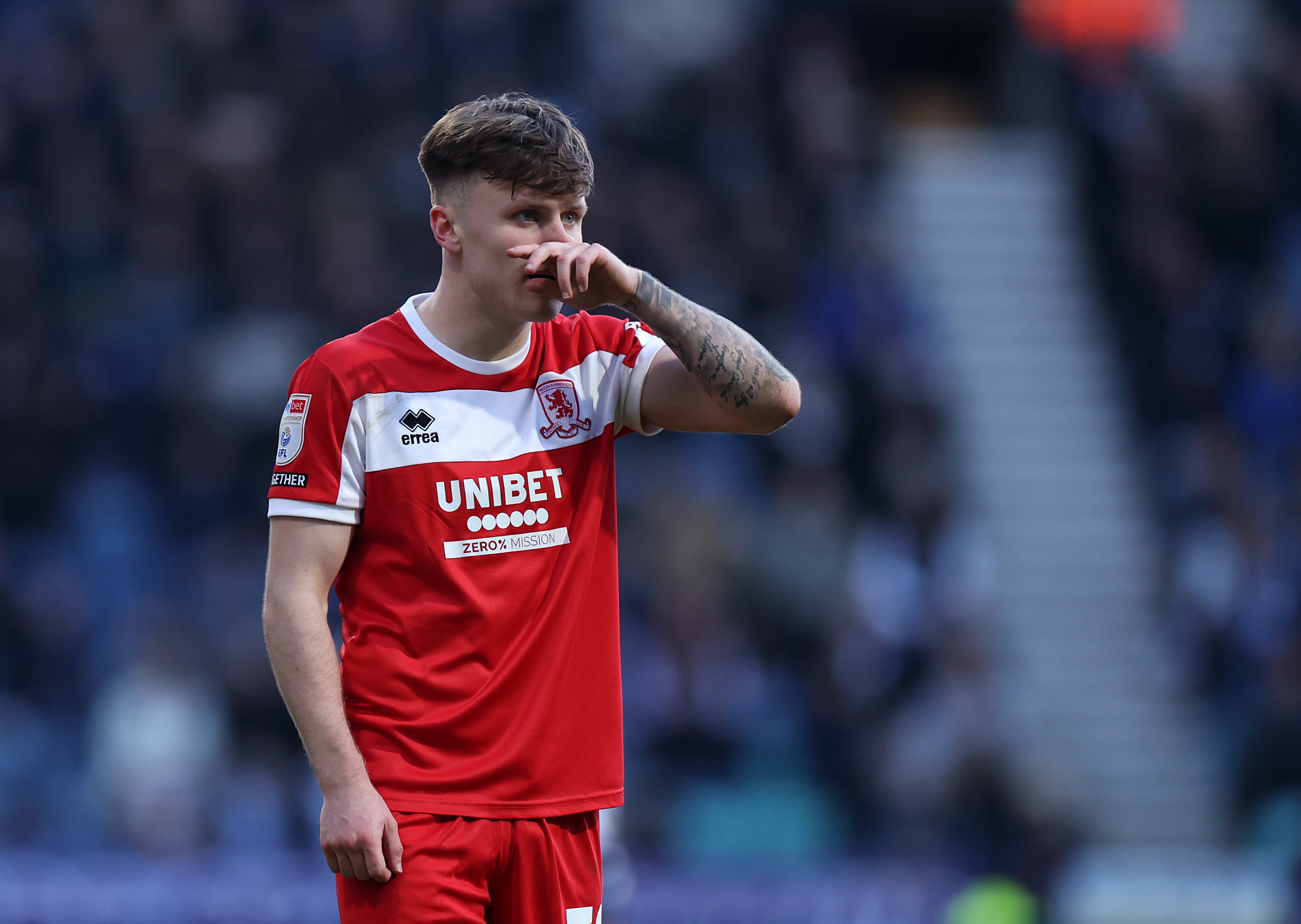 Ben Doak wipes his nose during Middlesbrough game.