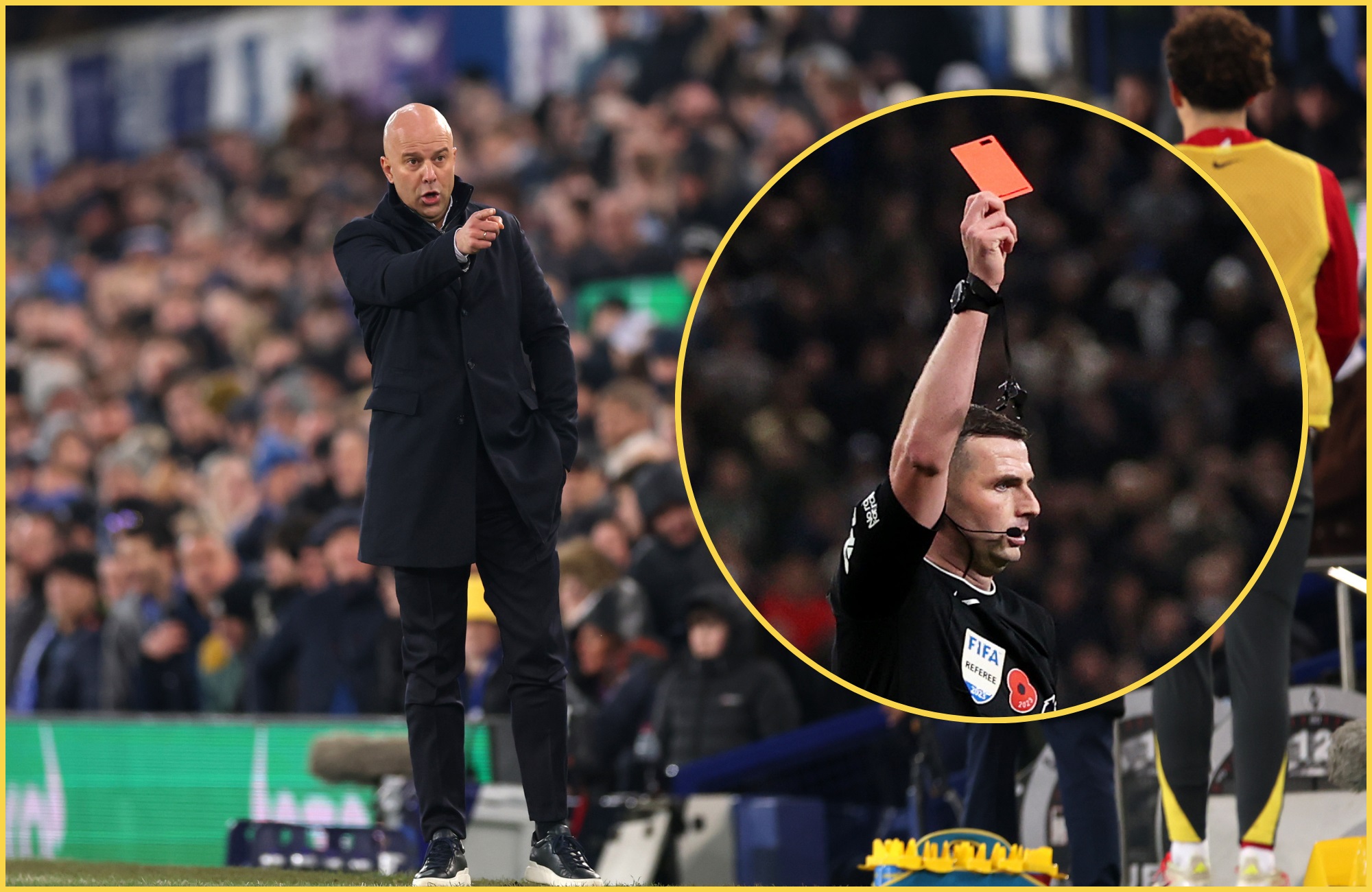An angry Arne Slot points at Michael Oliver holding a red card.