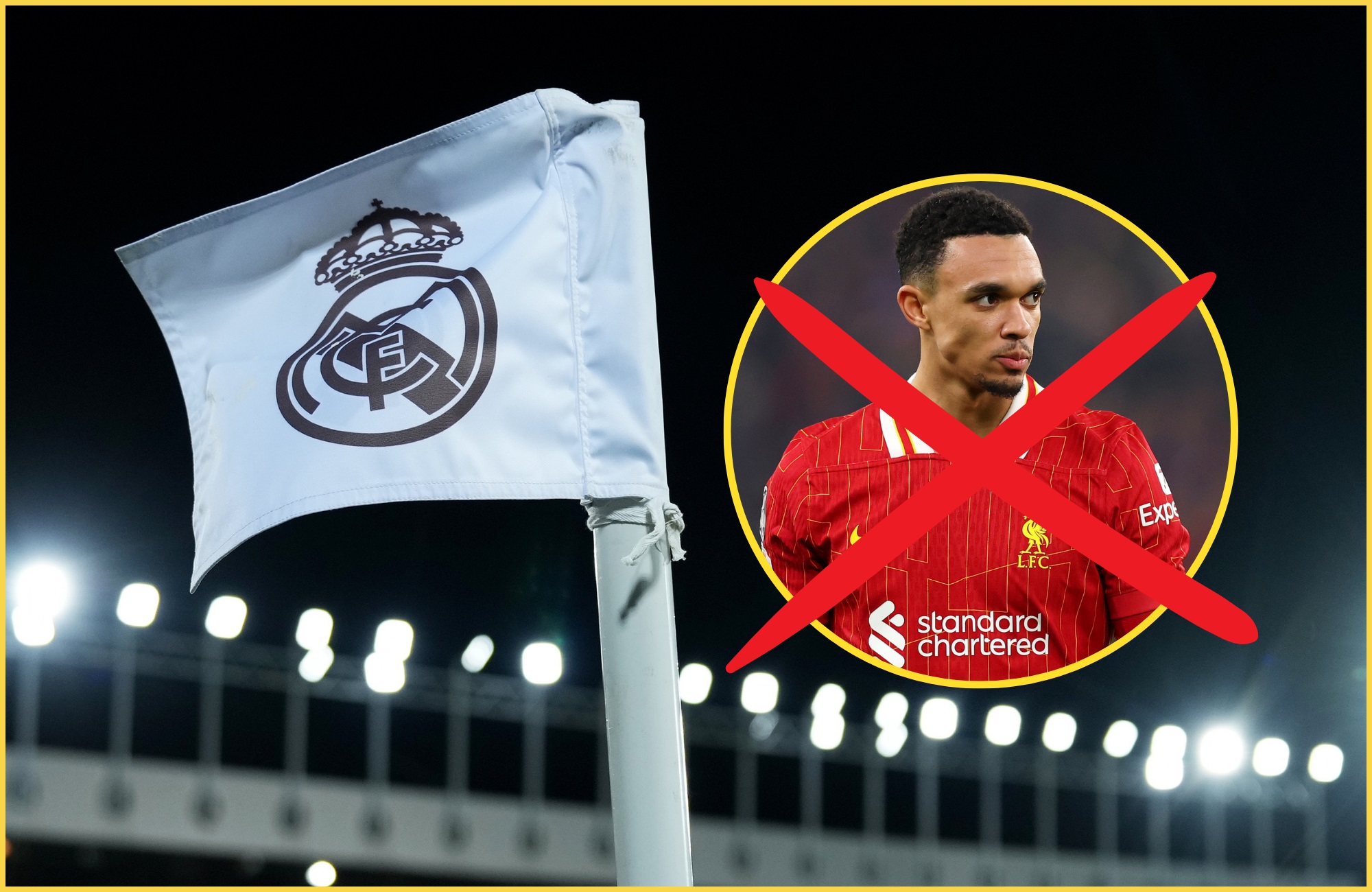 A Real Madrid corner flag waves in the wind next to Trent Alexander-Arnold.