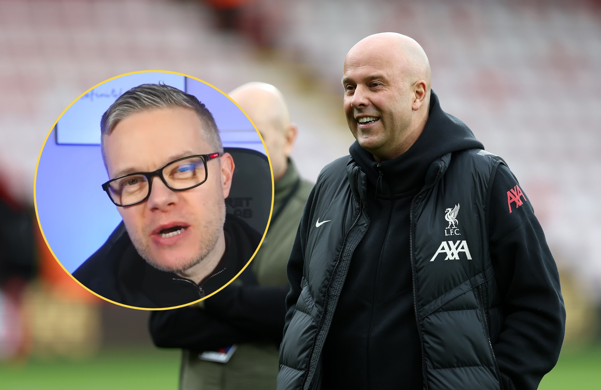 Liverpool head coach Arne Slot looks on at a picture of Mark Goldbridge.