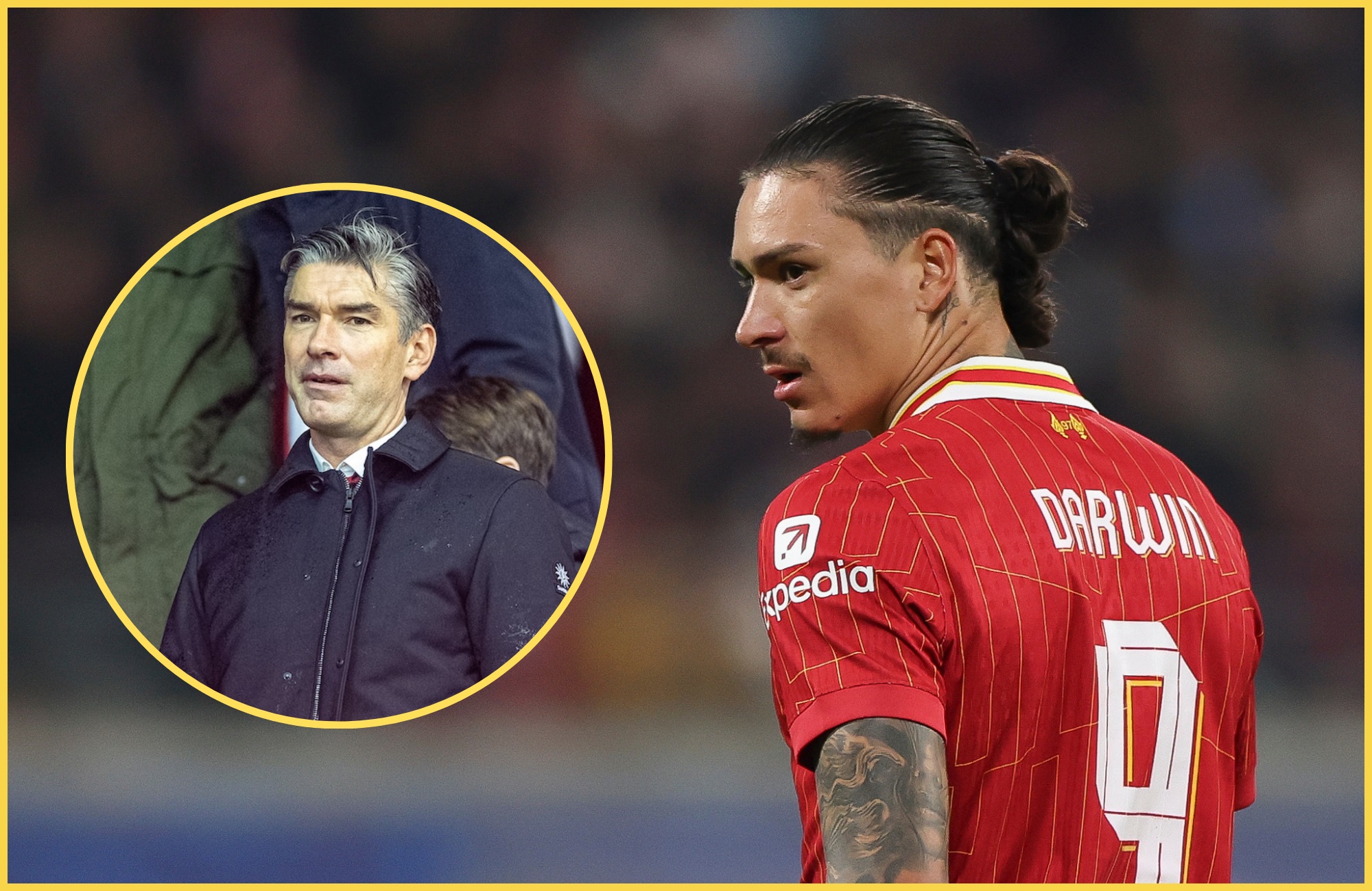 Darwin Nunez looks at a picture of Liverpool sporting director Richard Hughes.