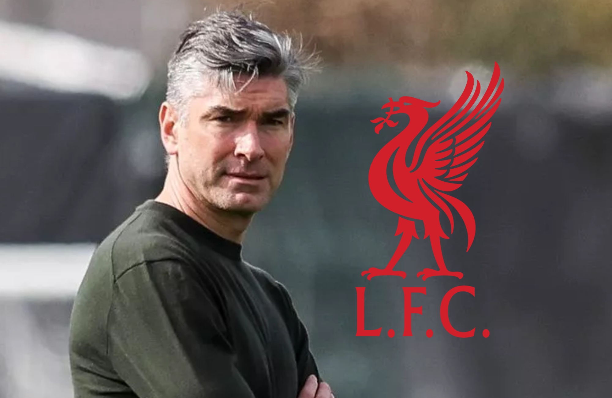 Richard Hughes looks at a training ground next to Liverpool club badge.