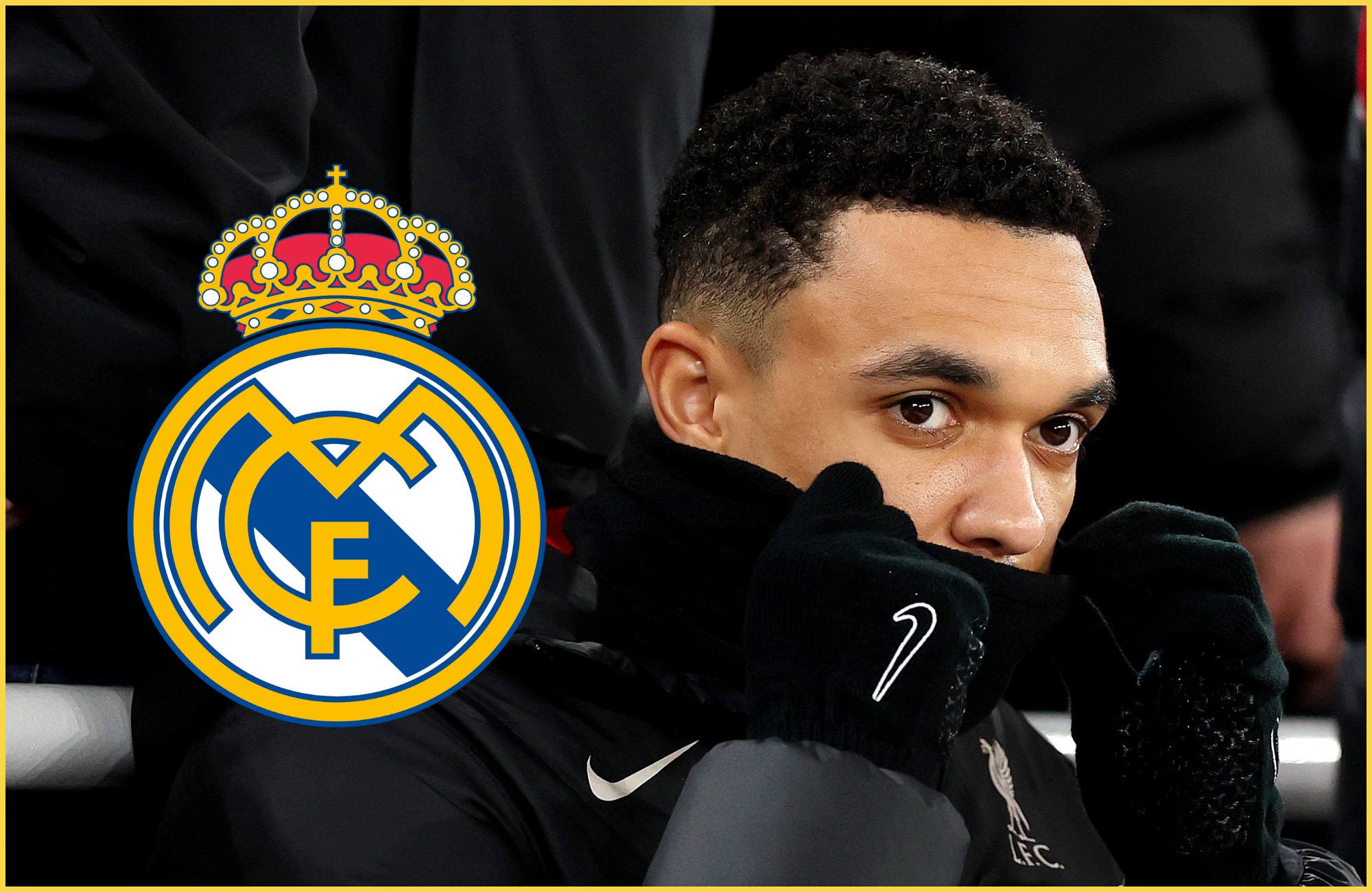 Trent Alexander-Arnold adjusts his snood on the Liverpool bench next to Real Madrid club crest.