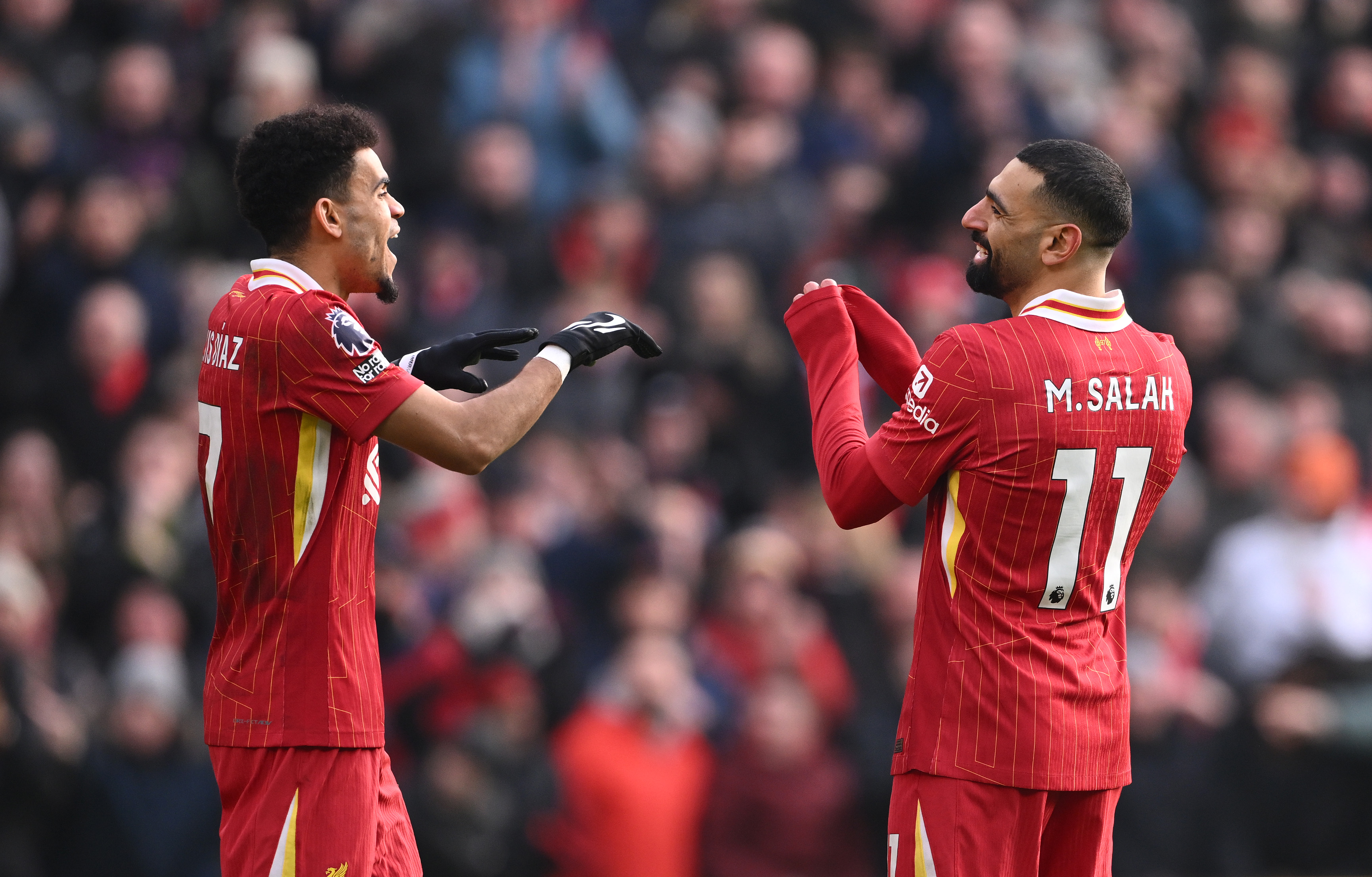 Luis Diaz and Mo Salah celebrate scoring against Wolves