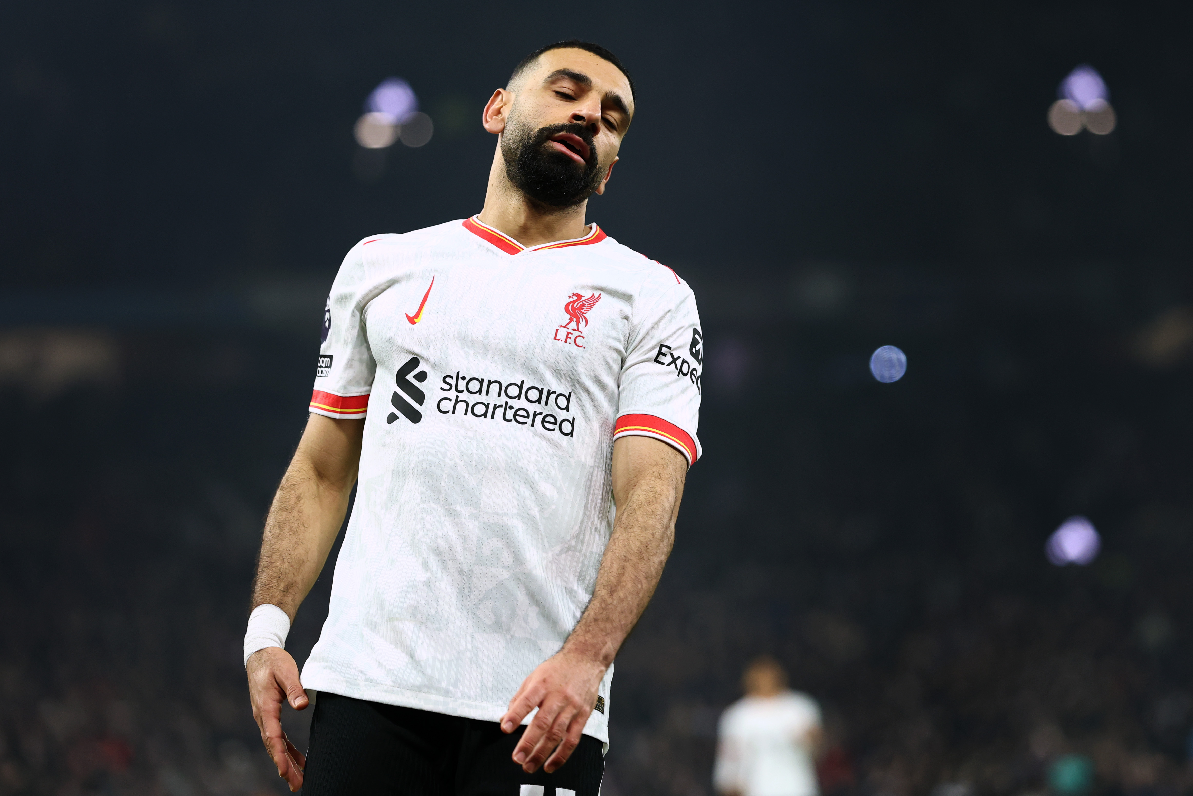 Mo Salah reacts to a missed opportunity in Liverpool's draw at Aston Villa