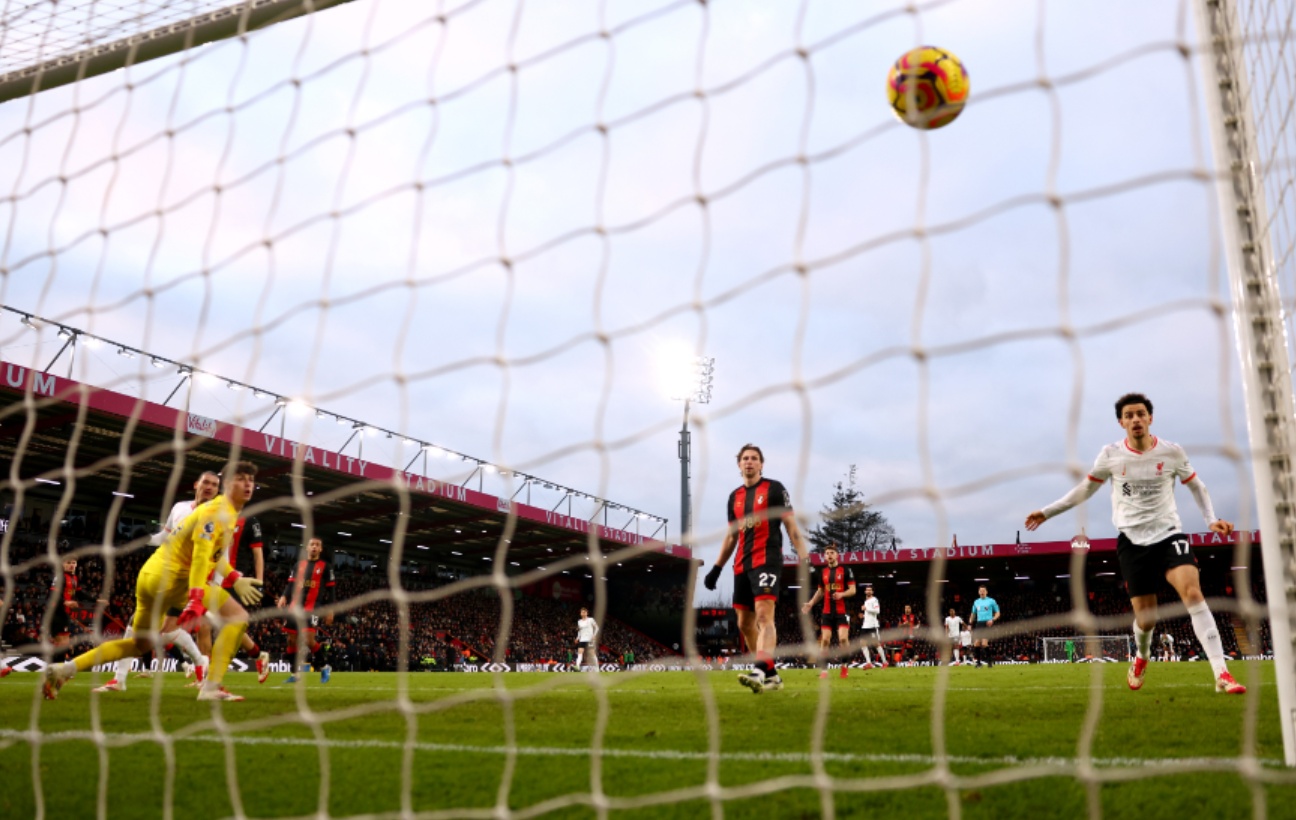 Kepa watches the ball go past him as Mo Salah doubles Liverpool's lead against Bournemouth