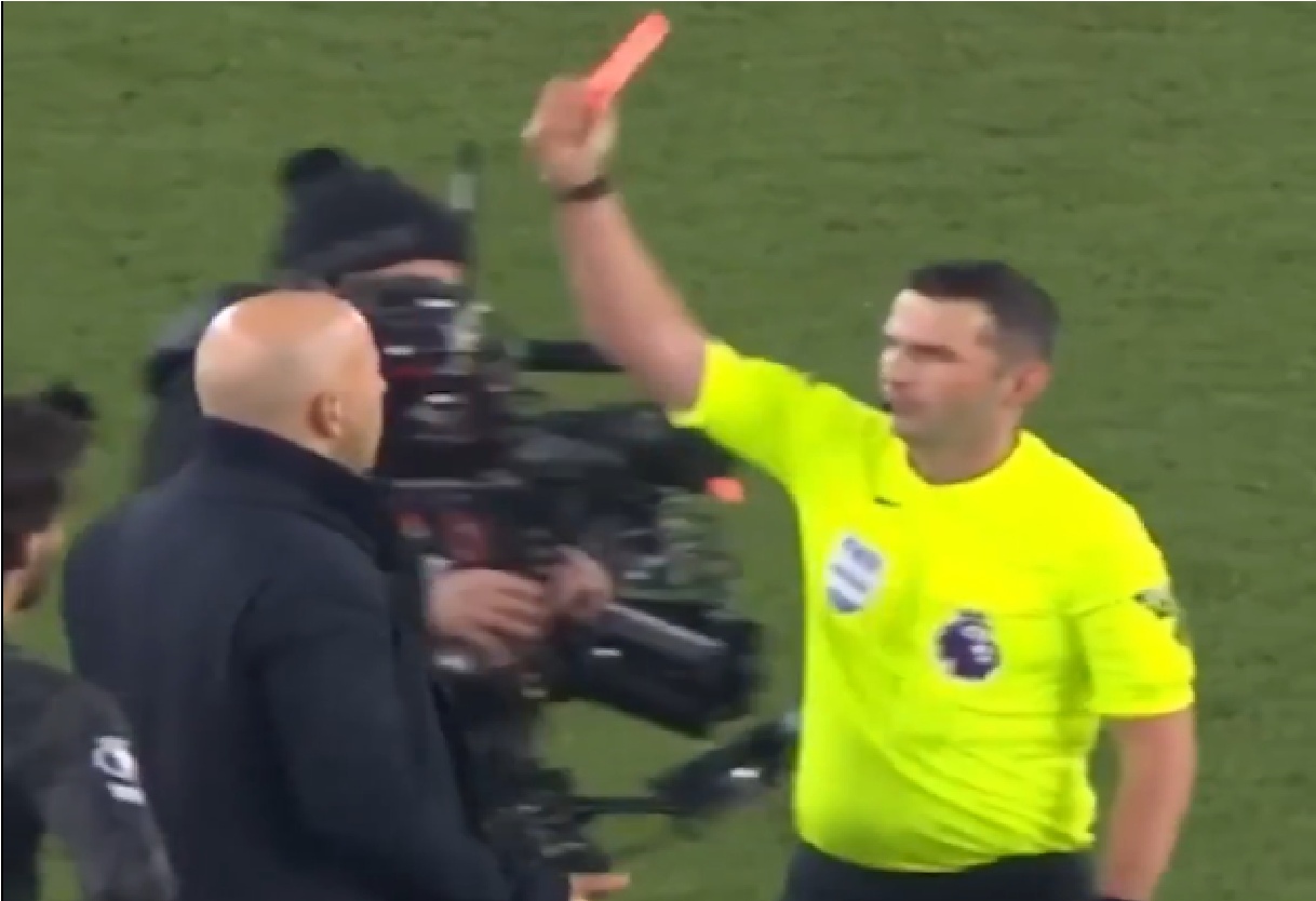 Michael Oliver showed a red card to Arne Slot after the Merseyside derby