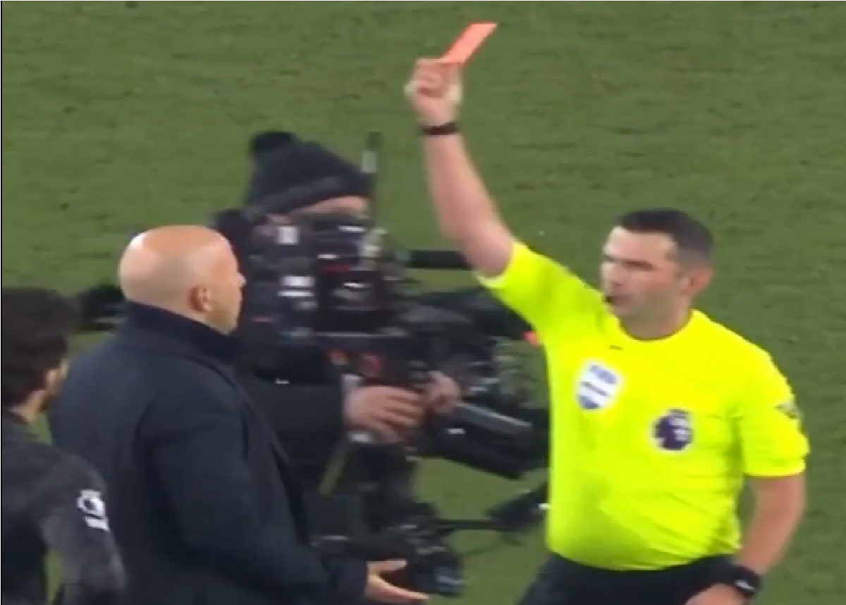 Arne Slot was shown a red card by Michael Oliver after the Merseyside derby