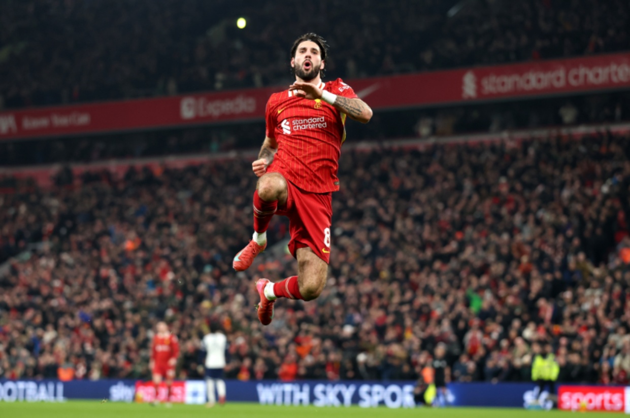 Dominik Szoboszlai celebrates scoring against Tottenham