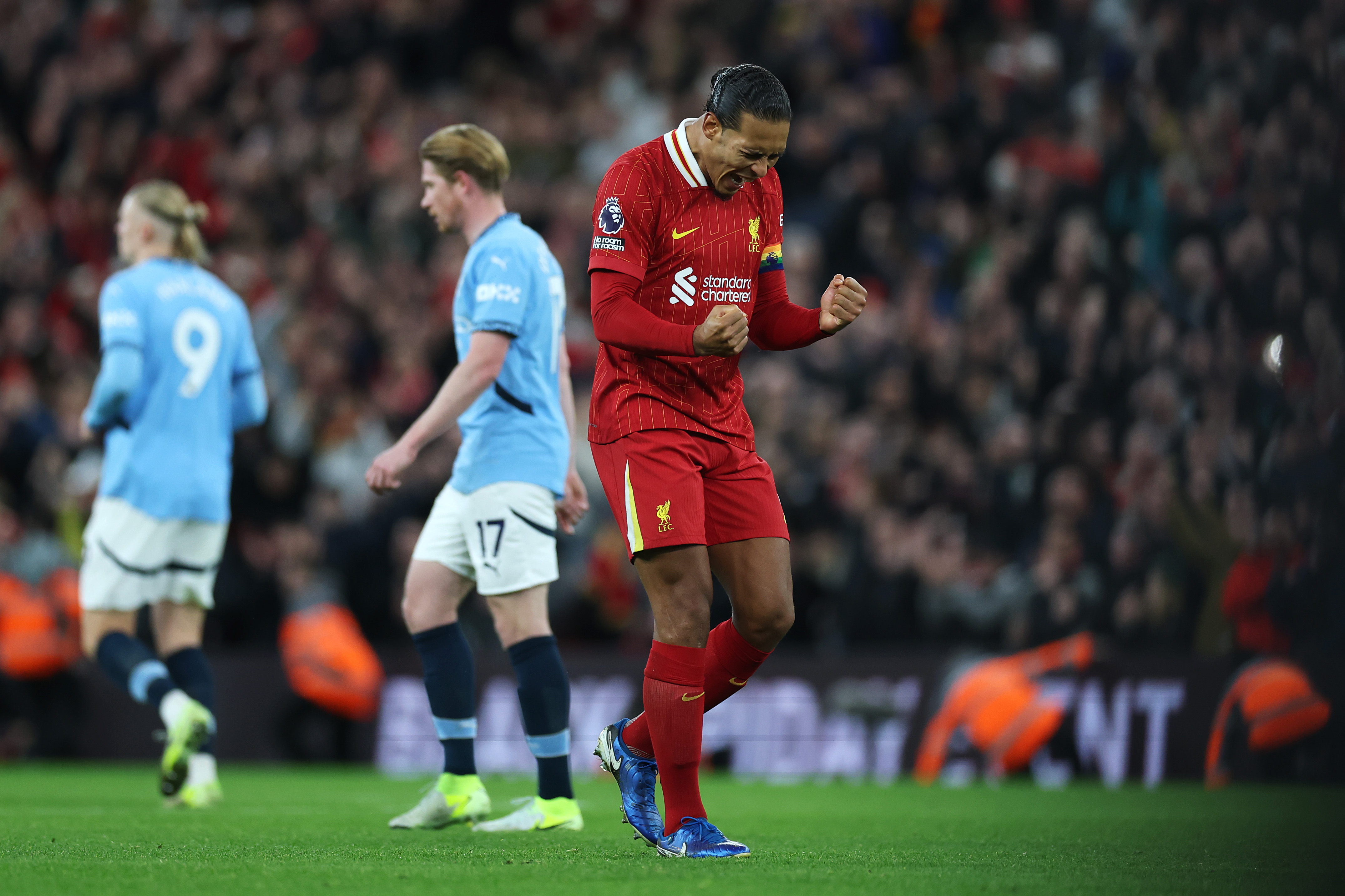 Virgil van Dijk celebrates Liverpool's win over Man City in December