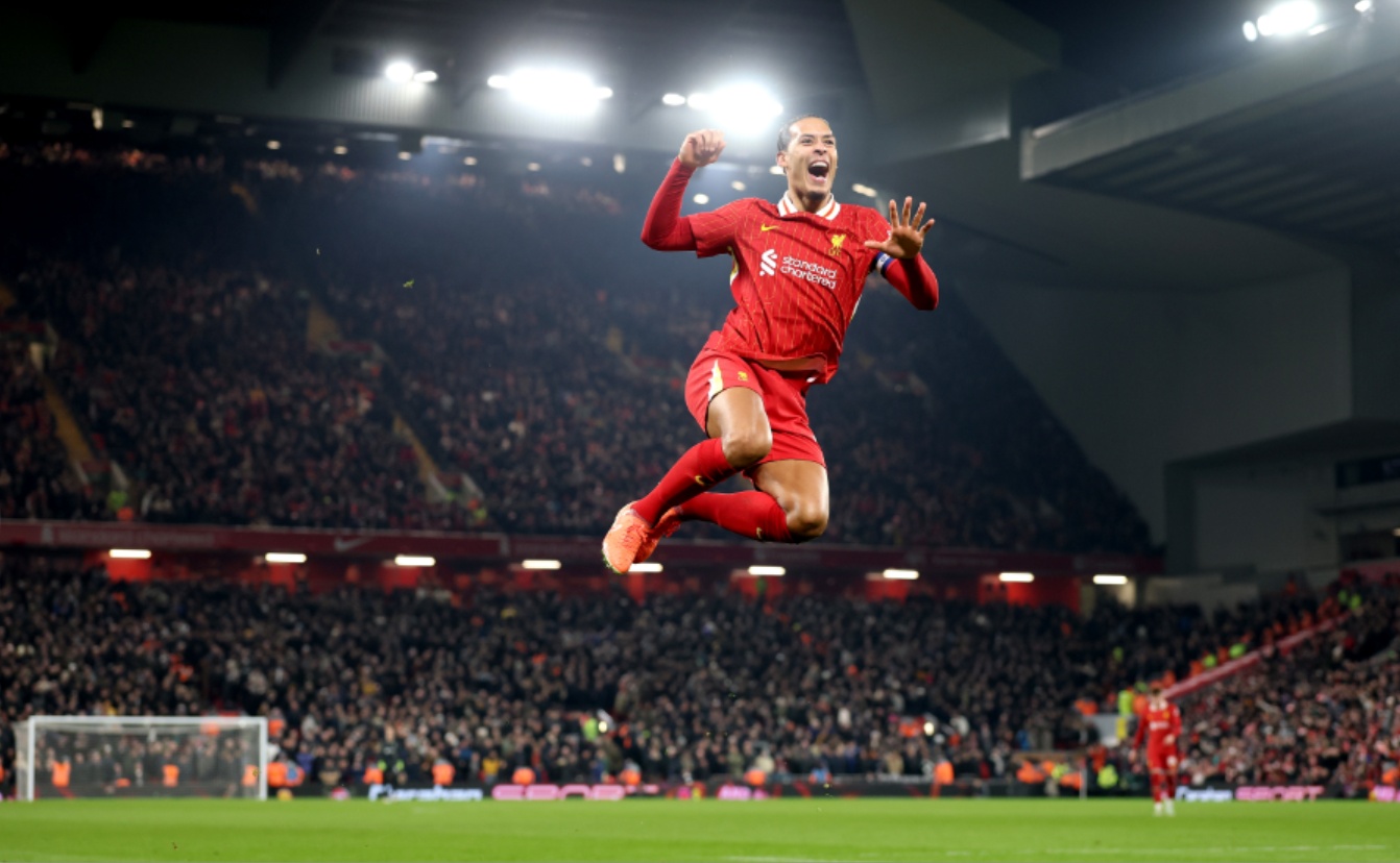 Virgil van Dijk celebrates scoring for Liverpool against Spurs in the Carabao Cup