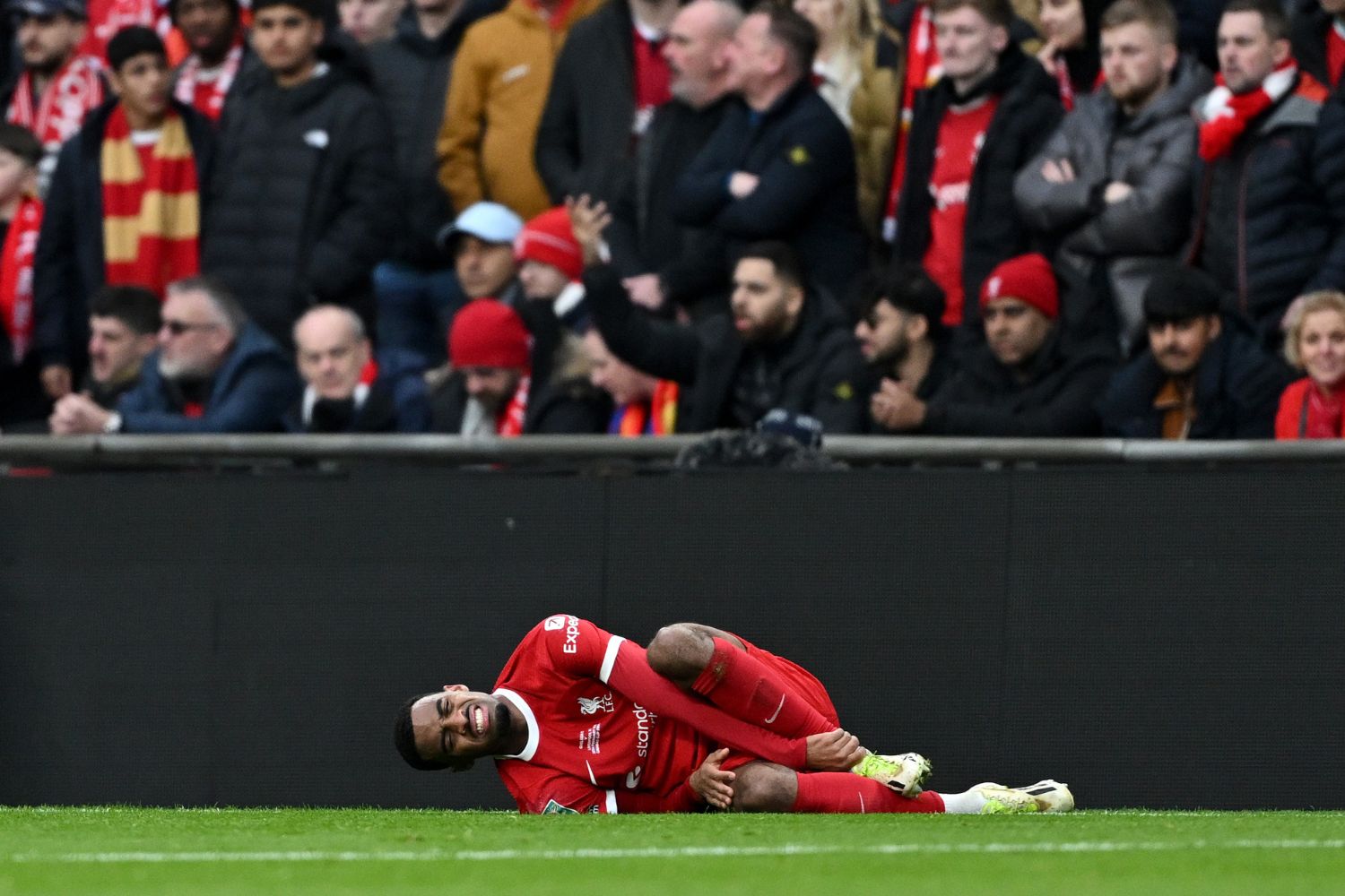 Ryan Gravenberch lays injured at Wembley