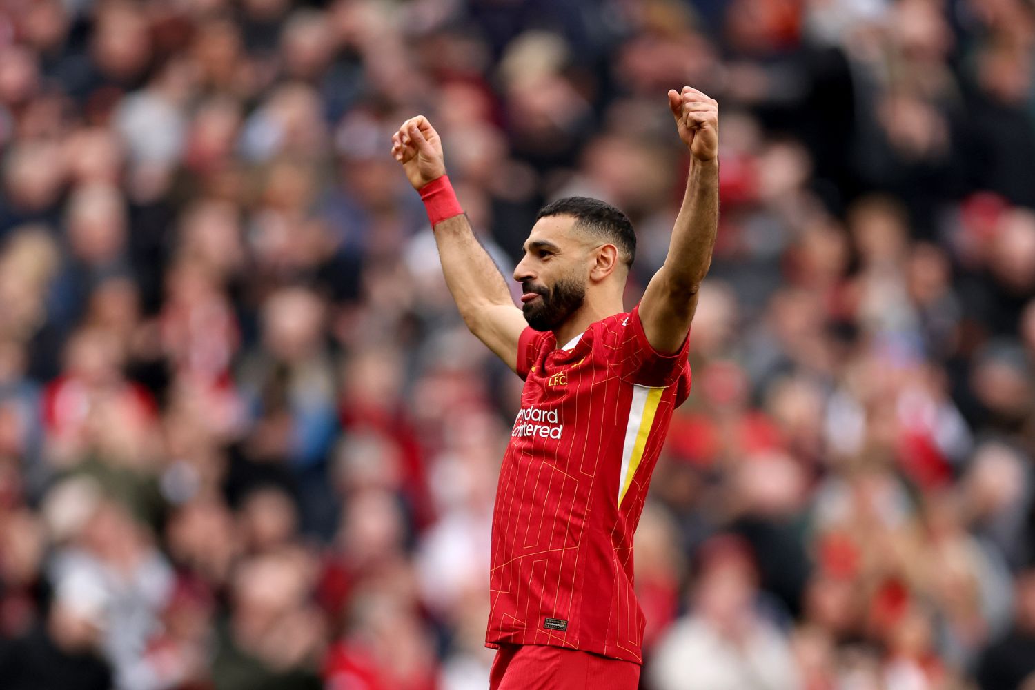 Mo Salah celebrates scoring against Southampton