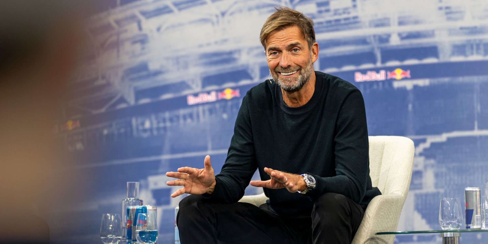 Jurgen Klopp speaks in front of the media for Red Bull