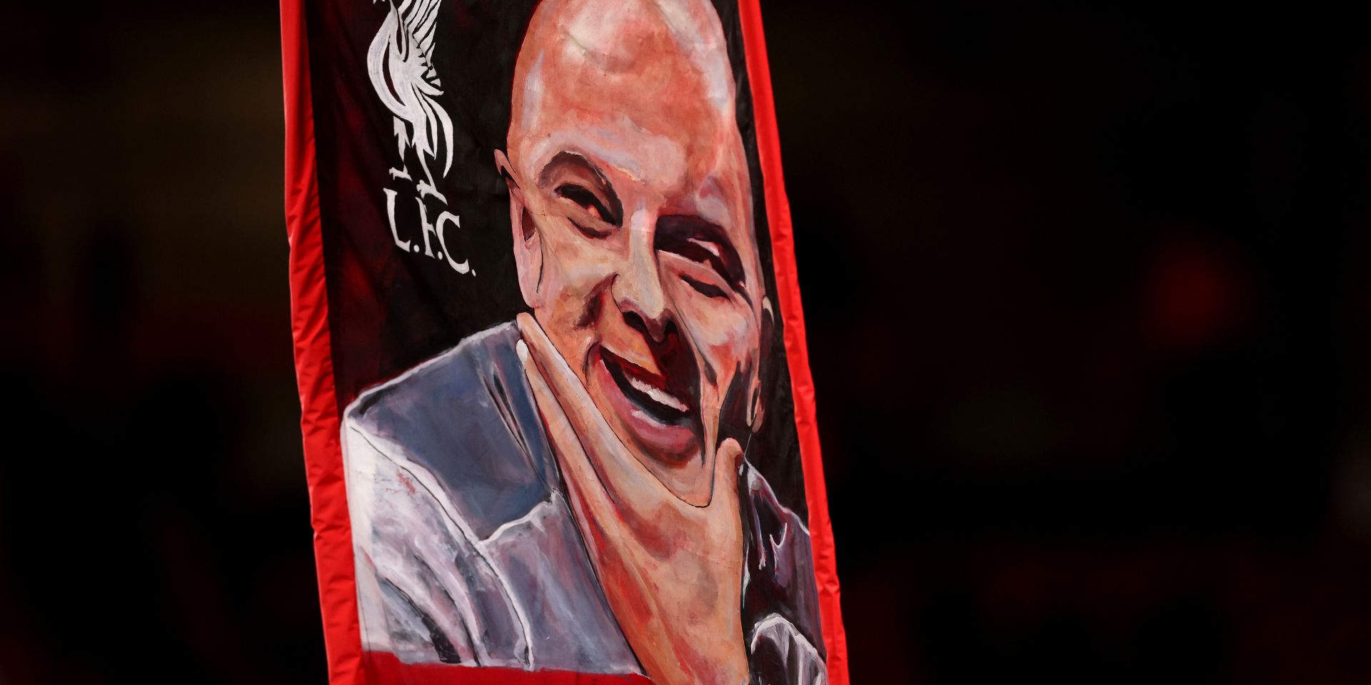 A flag of Arne Slot at Anfield