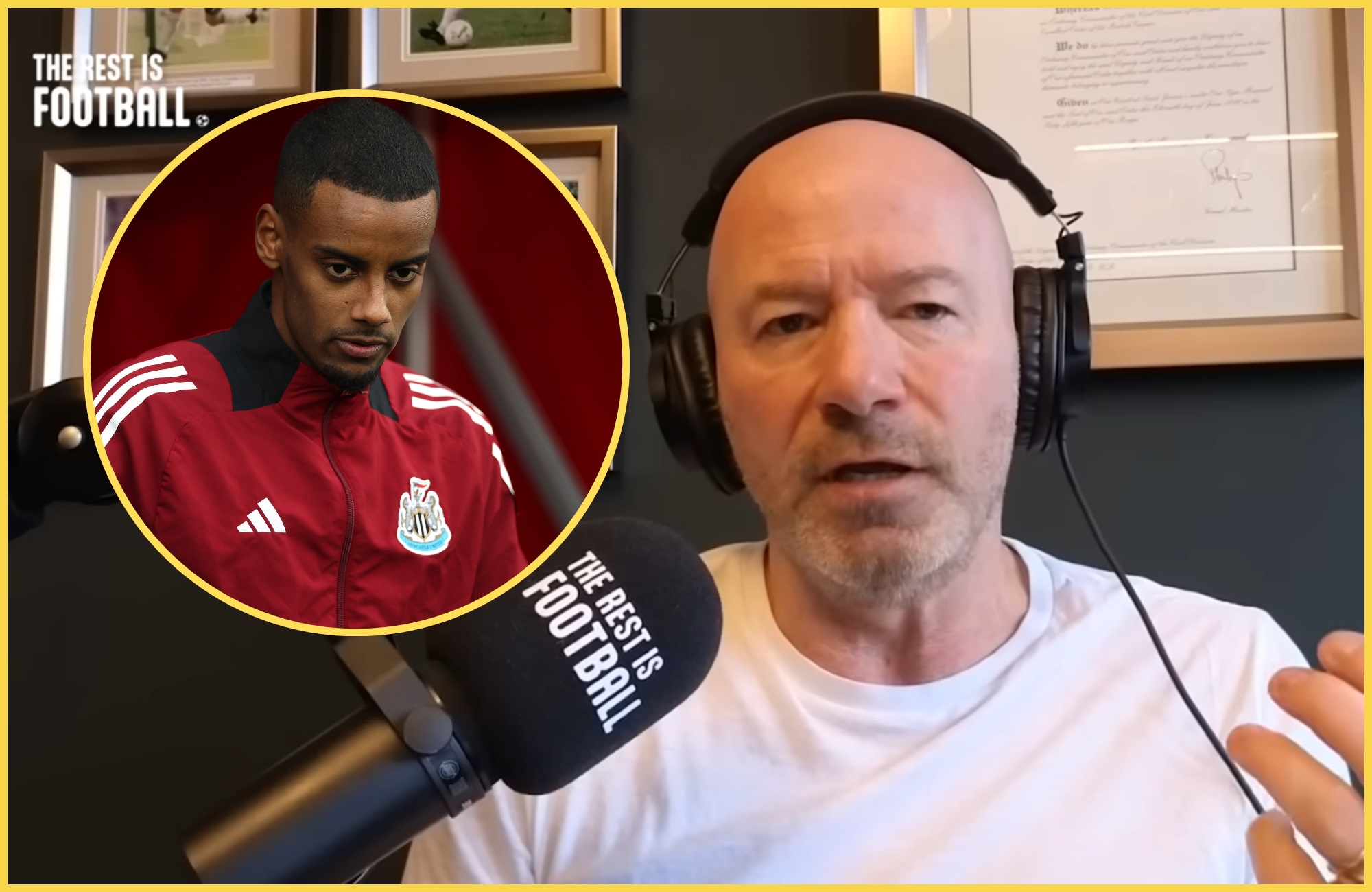 Alan Shearer has headphones on next to Alexander Isak.