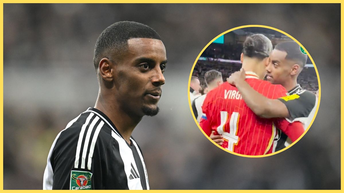 Liverpool target Alexander Isak looks at picture of himself and Virgil van Dijk hugging.