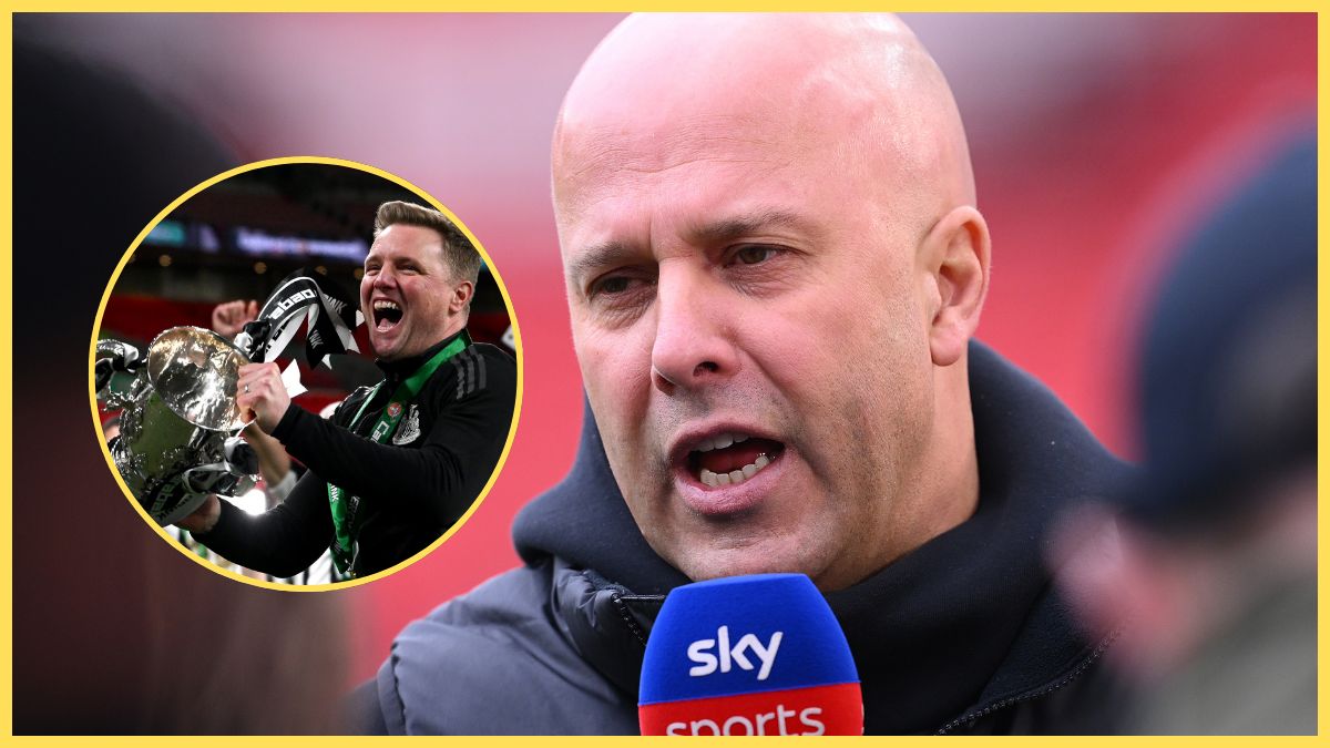 Arne Slot speaks into Sky Sports microphone next to picture of Eddie Howe with Carabao Cup trophy.