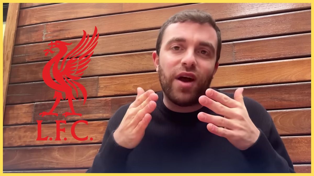 Fabrizio Romano gestures with his hands next to Liverpool club crest.