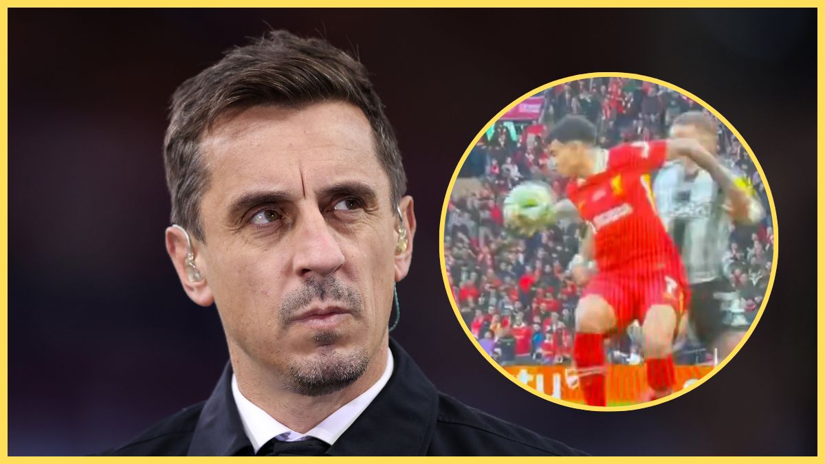 Gary Neville looks at picture of Kieran Trippier handling the ball.