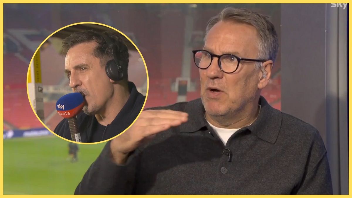 Paul Merson gestures with his hand as Gary Neville speaks into microphone.
