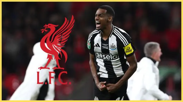 Alexander Isak celebrates screaming next to Liverpool club crest.