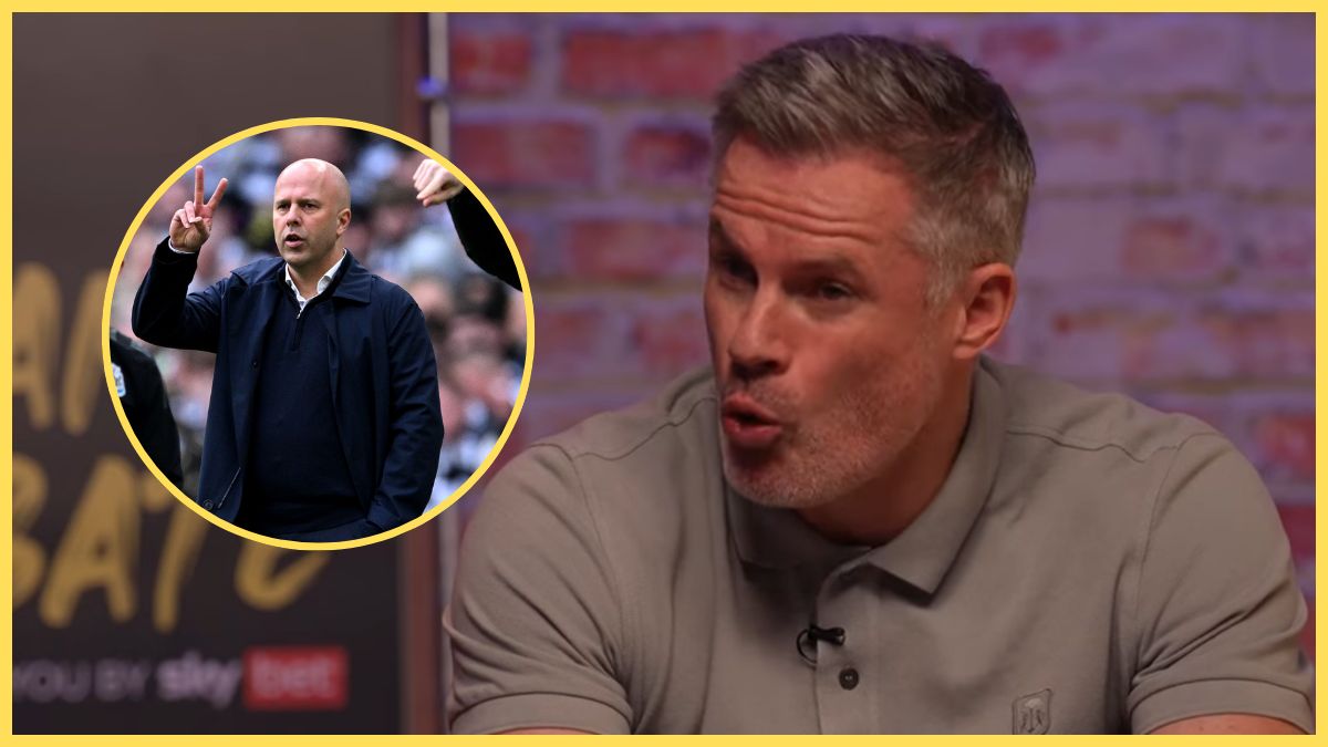 Jamie Carragher looks at picture of Liverpool head coach Arne Slot.