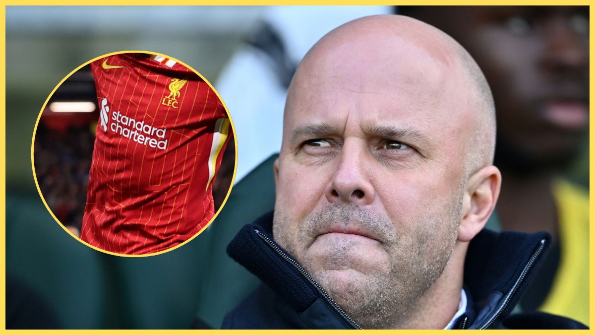 Arne Slot looks tight-lipped at Mo Salah's Liverpool shirt.