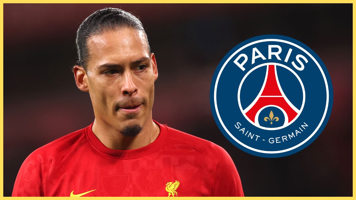 Virgil van Dijk looks grimly at PSG club crest.