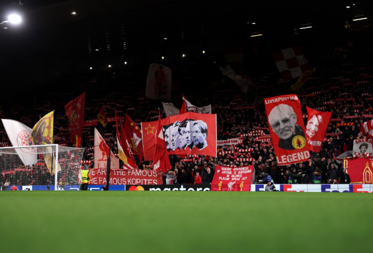 The Kop is often adorned by flags paying homage to Liverpool's glorious past