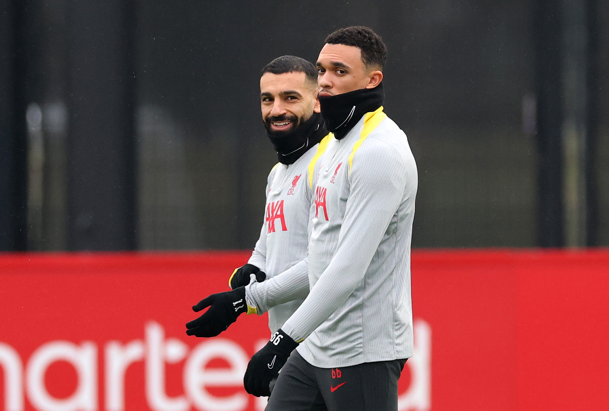 Mo Salah and Trent Alexander-Arnold were seen laughing and joking after Liverpool training on Monday