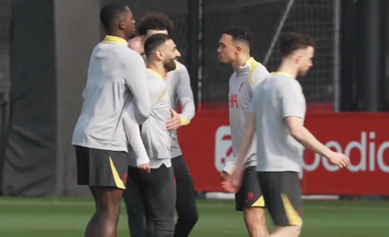 Mo Salah and Trent Alexander-Arnold had a light-hearted exchange in Liverpool training on Monday