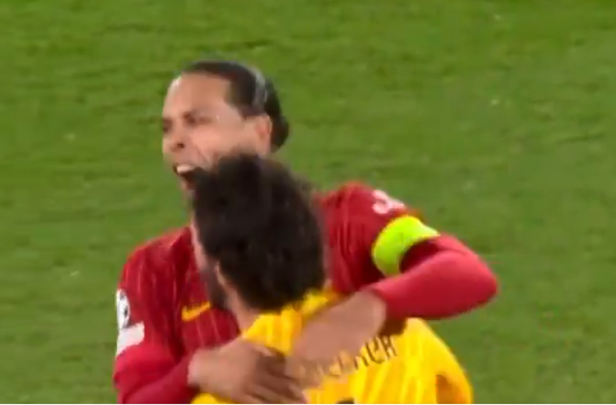 Virgil van Dijk and Alisson celebrate Harvey Elliott's goal against PSG