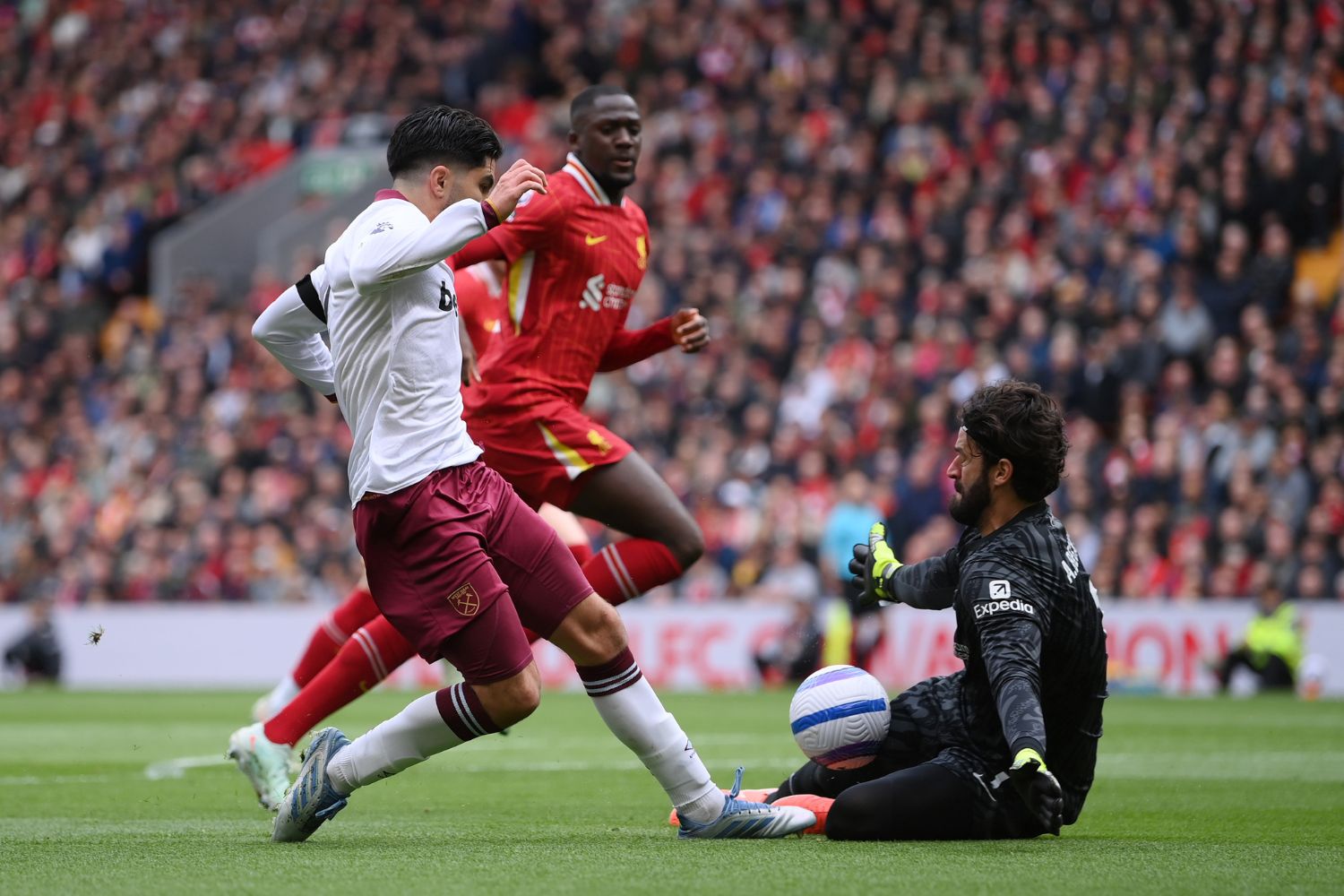 Alisson Becker in action against West Ham