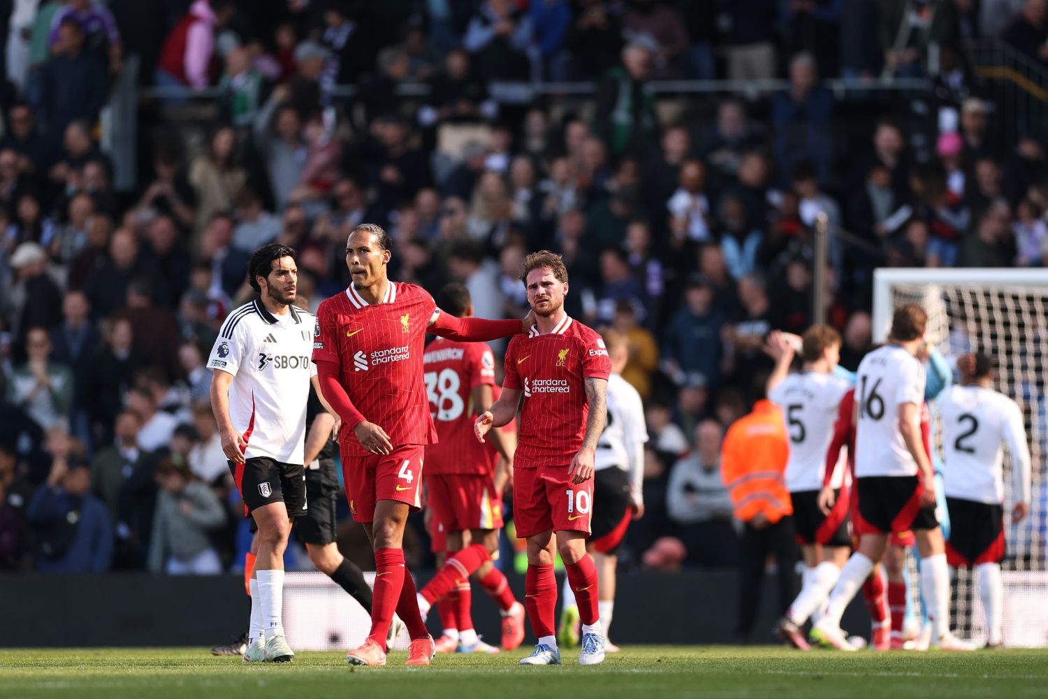 Virgil van Dijk with Alexis Mac Allister after losing to Fulham