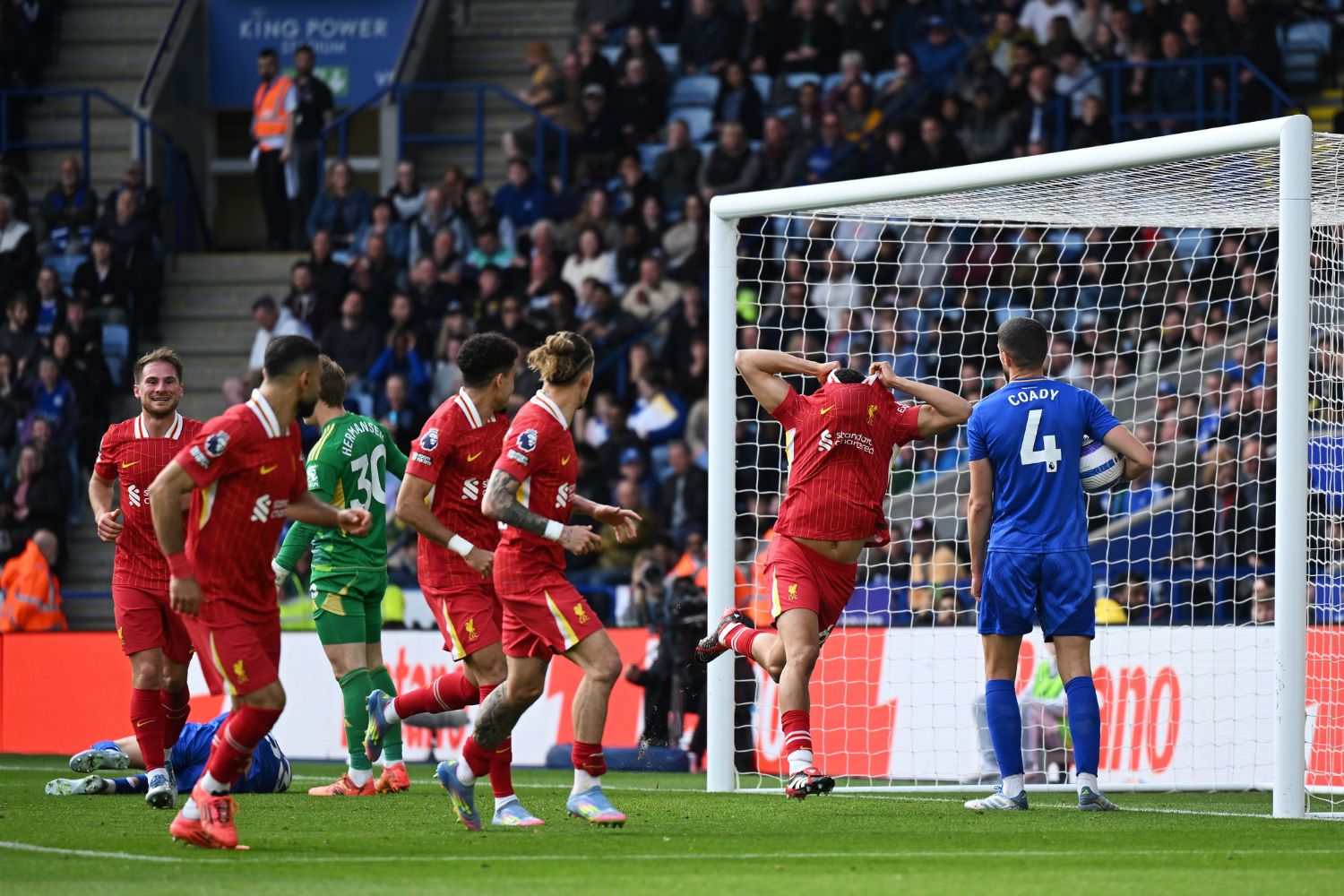 Trent Alexander-Arnold celebrates after scoring against Leicester City