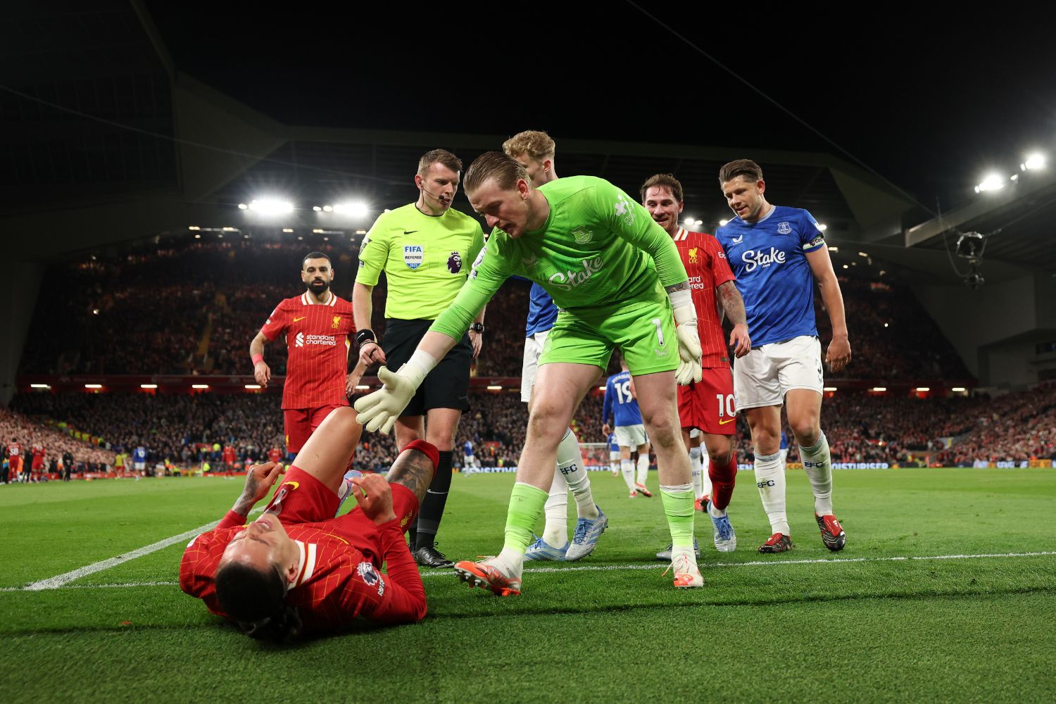 Sam Barrott with Liverpool and Everton players at Anfield