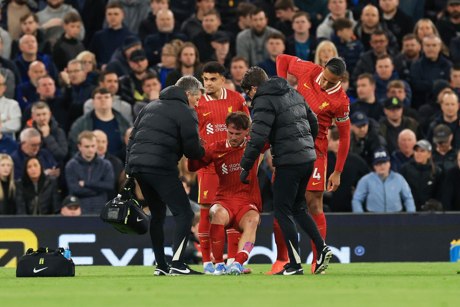 Alexis Mac Allister is helped off the floor against Everton