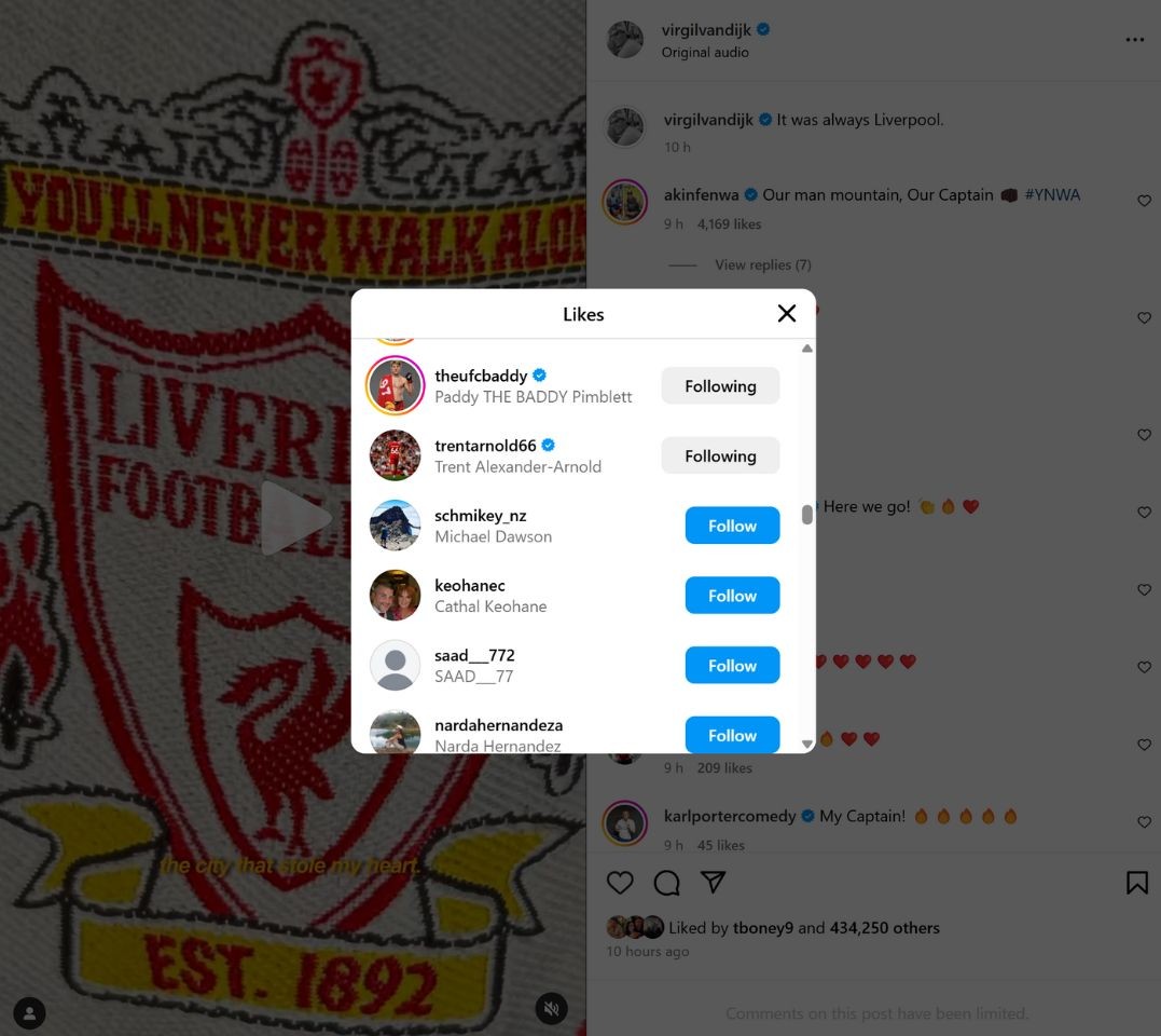 Trent Alexander-Arnold 'likes' Virgil van Dijk's post