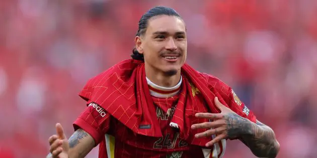 Darwin Nunez celebrates winning the league with Liverpool