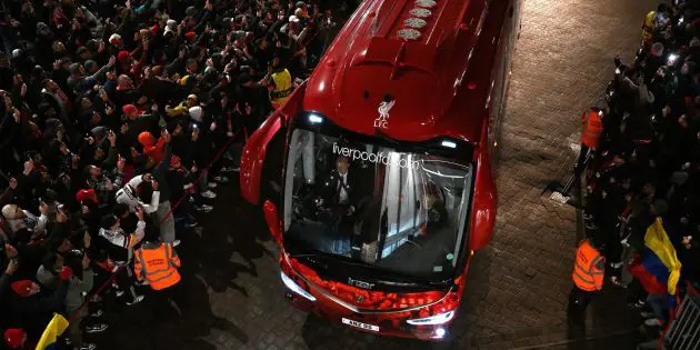 The Liverpool team bus enters Anfield