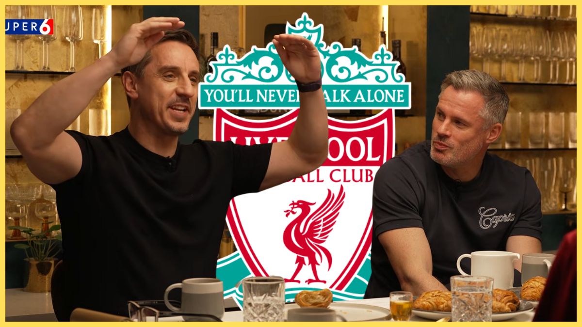 Gary Neville gestures with his arms in the air next sitting next to Jamie Carragher.