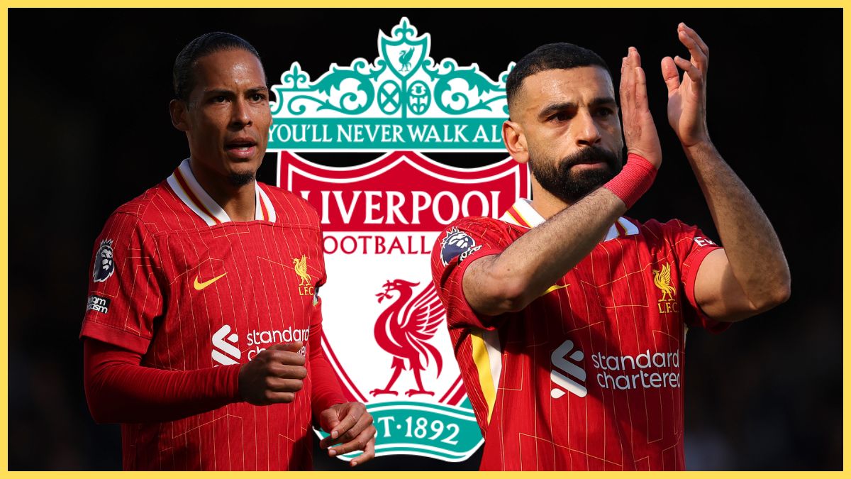 Virgil van Dijk runs and Mo Salah claps in front of Liverpool club crest.