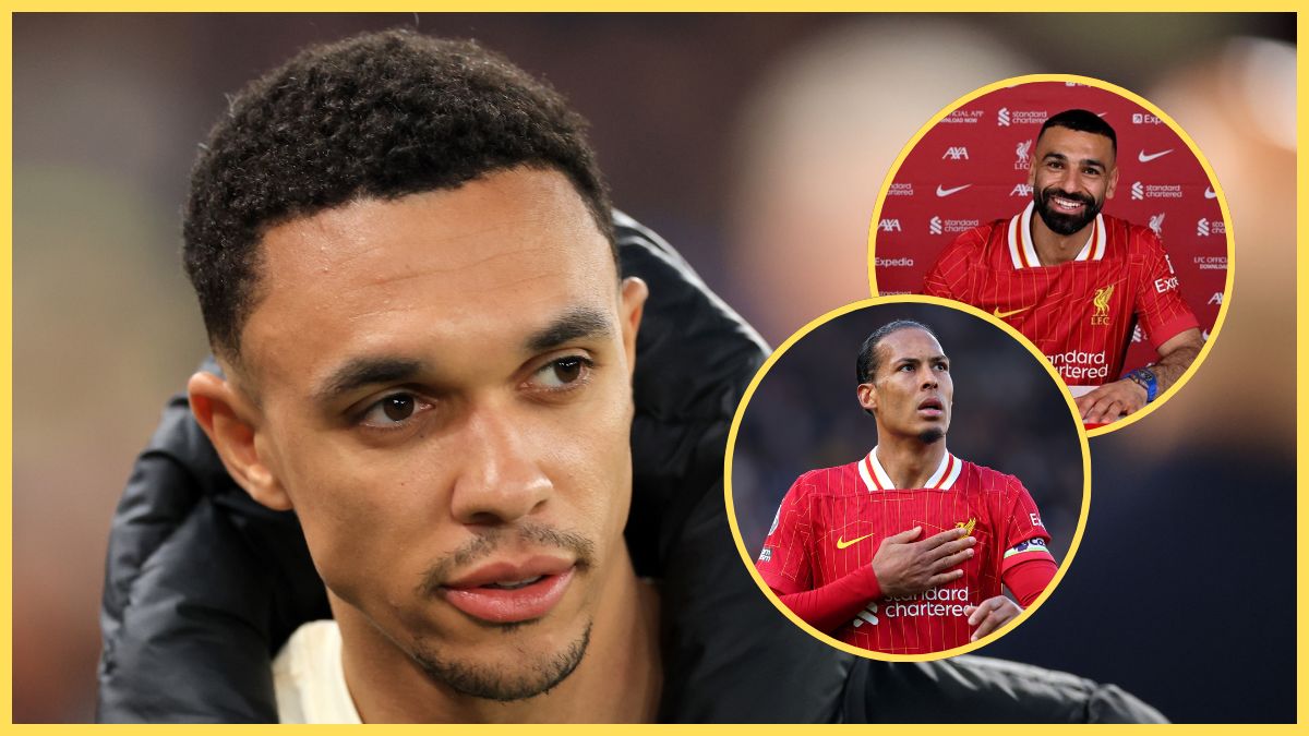 Trent Alexander-Arnold looks at pictures of Virgil van Dijk and Mo Salah.
