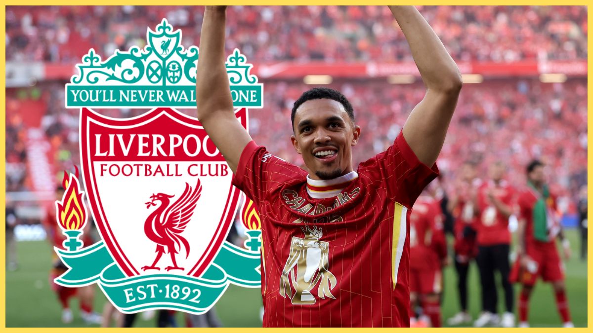 Trent Alexander-Arnold raises his arms in the air in front of Liverpool club crest.