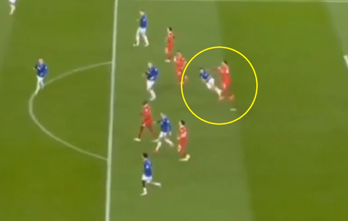 Virgil van Dijk shoves James Tarkowski to the ground during the Merseyside derby