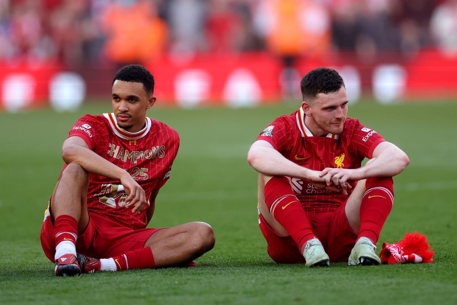 Andy Robertson and Trent Alexander-Arnold after winning the league
