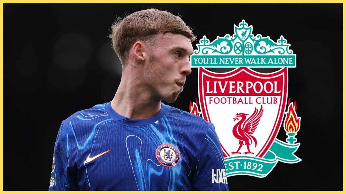 Cole Palmer purses his lips with Liverpool club crest in the background.