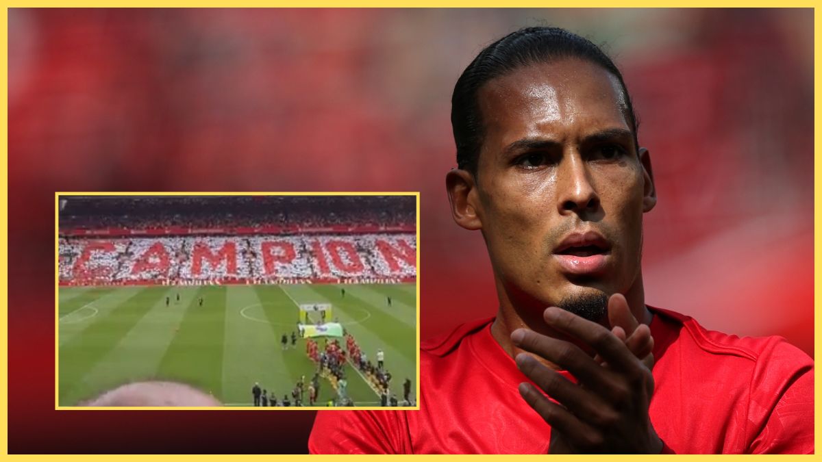 Virgil van Dijk claps his hands next to picture of Liverpool players lining up.